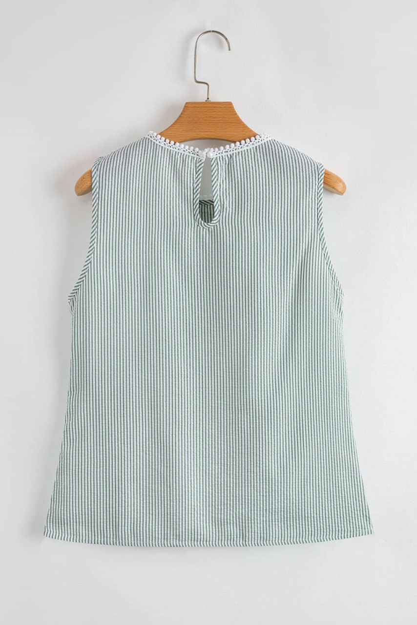 Green Stripe Lace Patchwork Crew Neck Tank Top