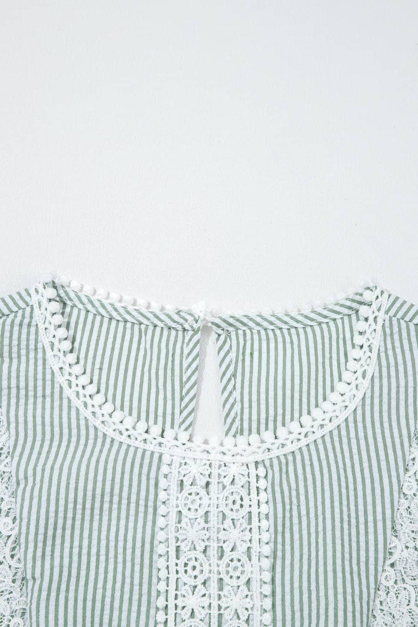 Green Stripe Lace Patchwork Crew Neck Tank Top