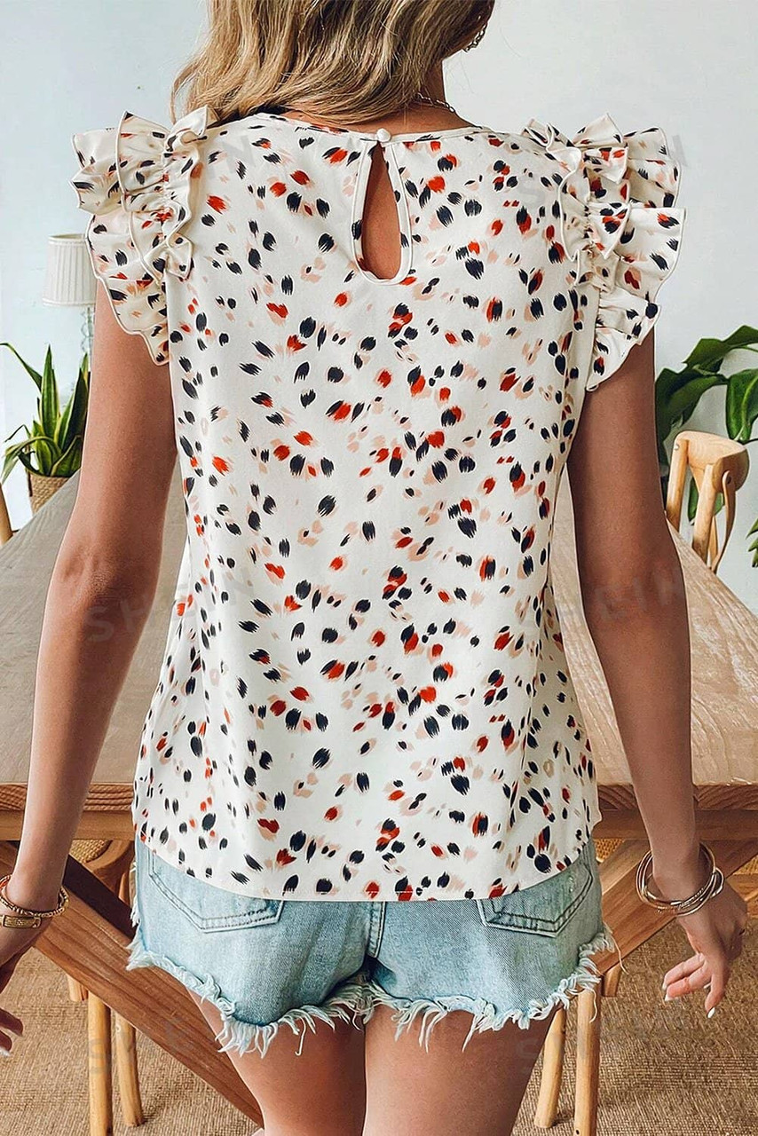 Beige Abstract Print Ruffle Flutter Sleeve Keyhole Back Slim Blouse