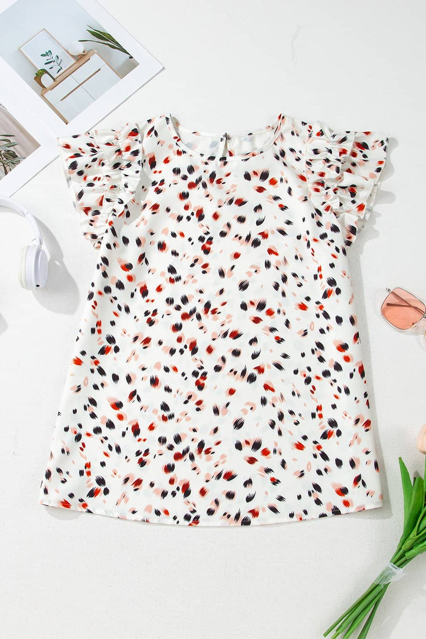 Beige Abstract Print Ruffle Flutter Sleeve Keyhole Back Slim Blouse