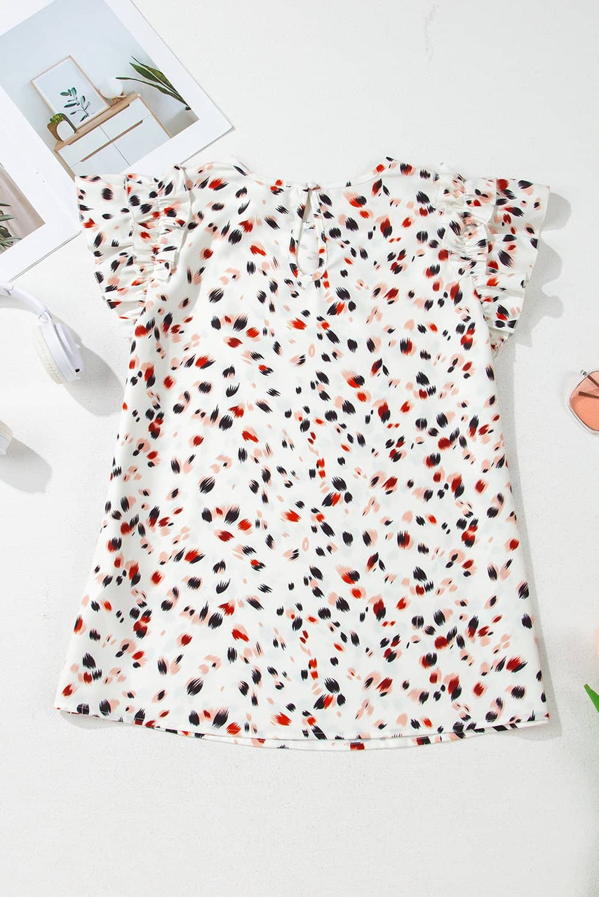 Beige Abstract Print Ruffle Flutter Sleeve Keyhole Back Slim Blouse