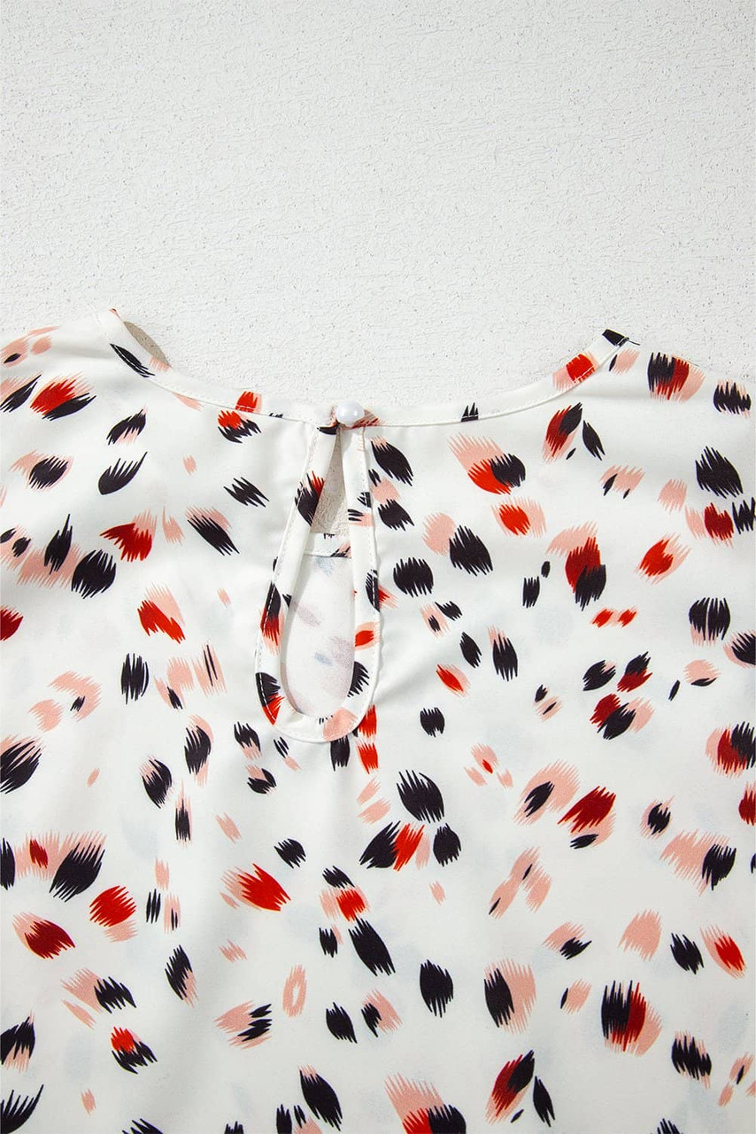 Beige Abstract Print Ruffle Flutter Sleeve Keyhole Back Slim Blouse