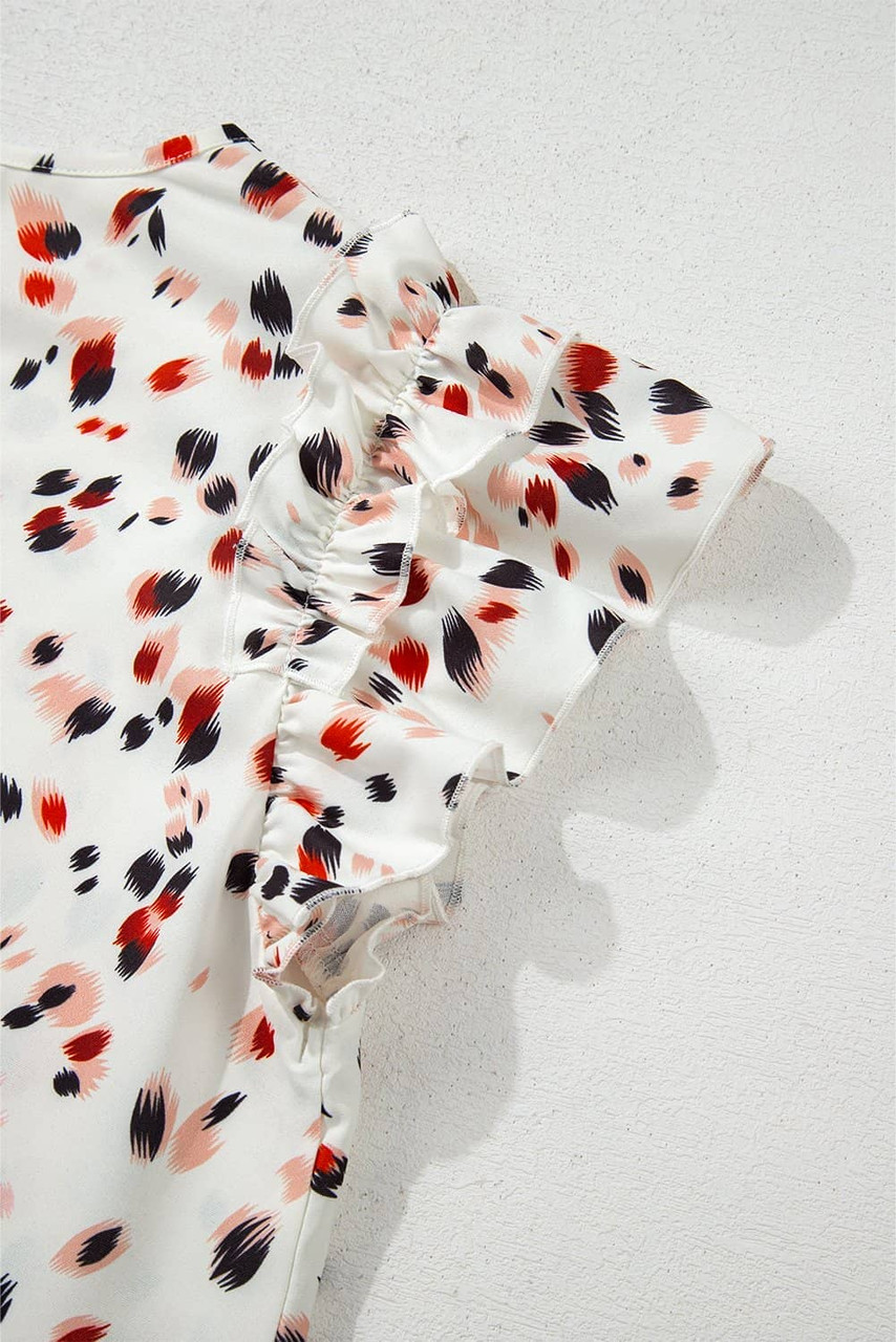 Beige Abstract Print Ruffle Flutter Sleeve Keyhole Back Slim Blouse