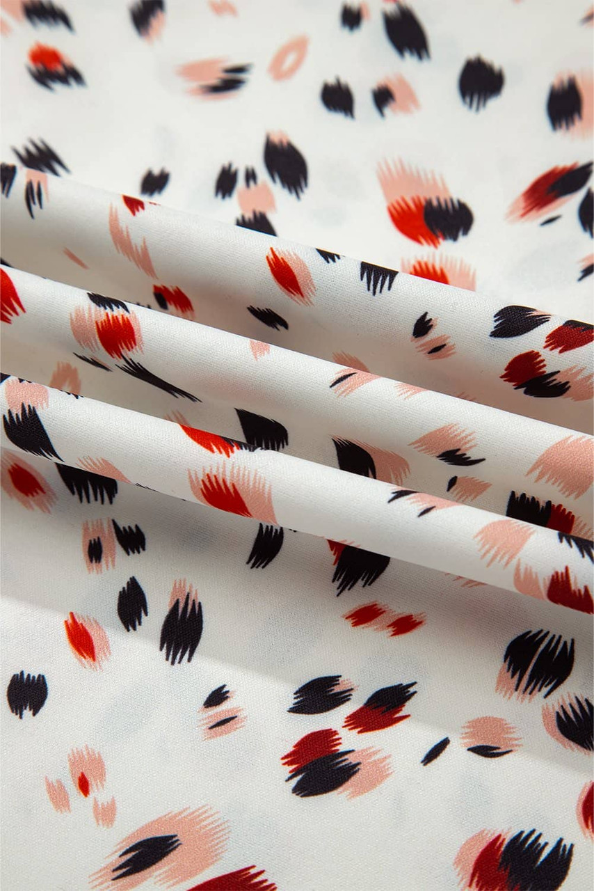 Beige Abstract Print Ruffle Flutter Sleeve Keyhole Back Slim Blouse