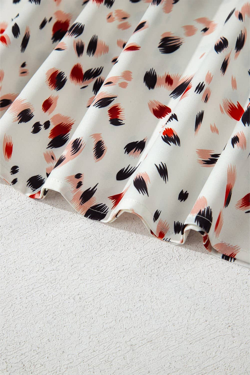 Beige Abstract Print Ruffle Flutter Sleeve Keyhole Back Slim Blouse