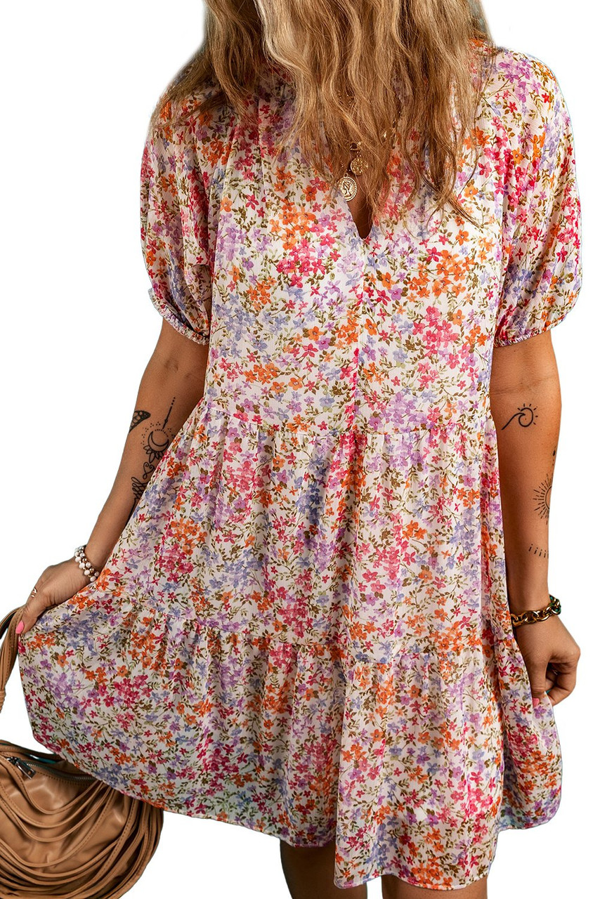 Red Floral Puff Sleeve Notched V Neck Tiered Mini Dress