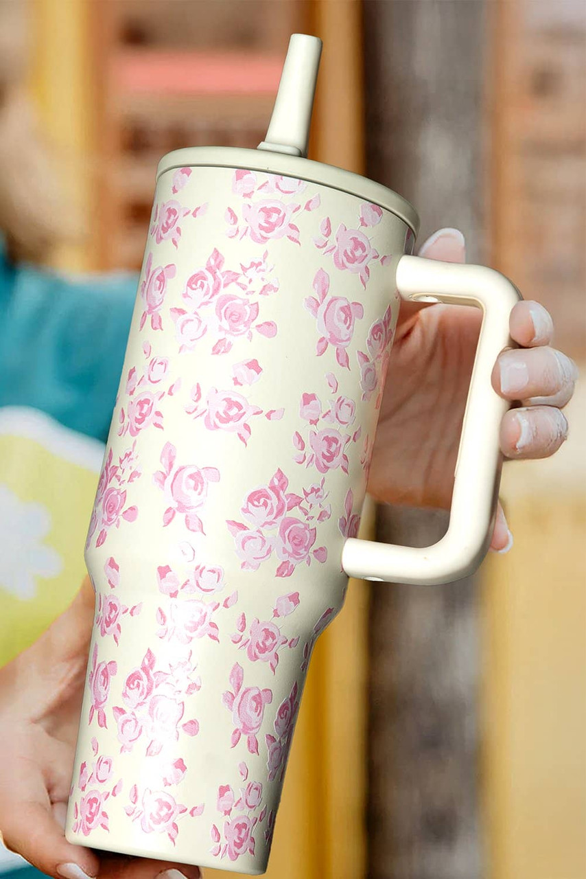White Flower Print Handle Insulated Large Tumbler 40oz