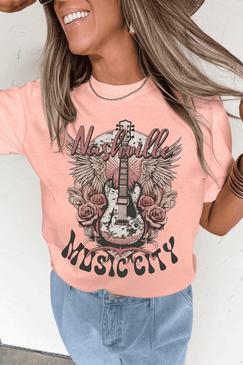 Pink Nashville MUSIC CITY Guitar Graphic Crewneck Tee