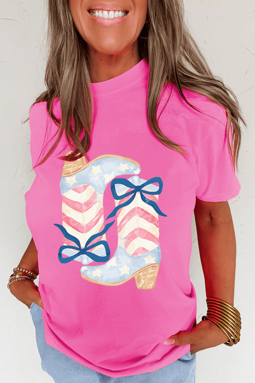 Sachet Pink Flag Pattern Boots Bow Accent Casual Graphic Tee Sachet Pink Flag Pattern Boots Bow Accent Casual Graphic Tee