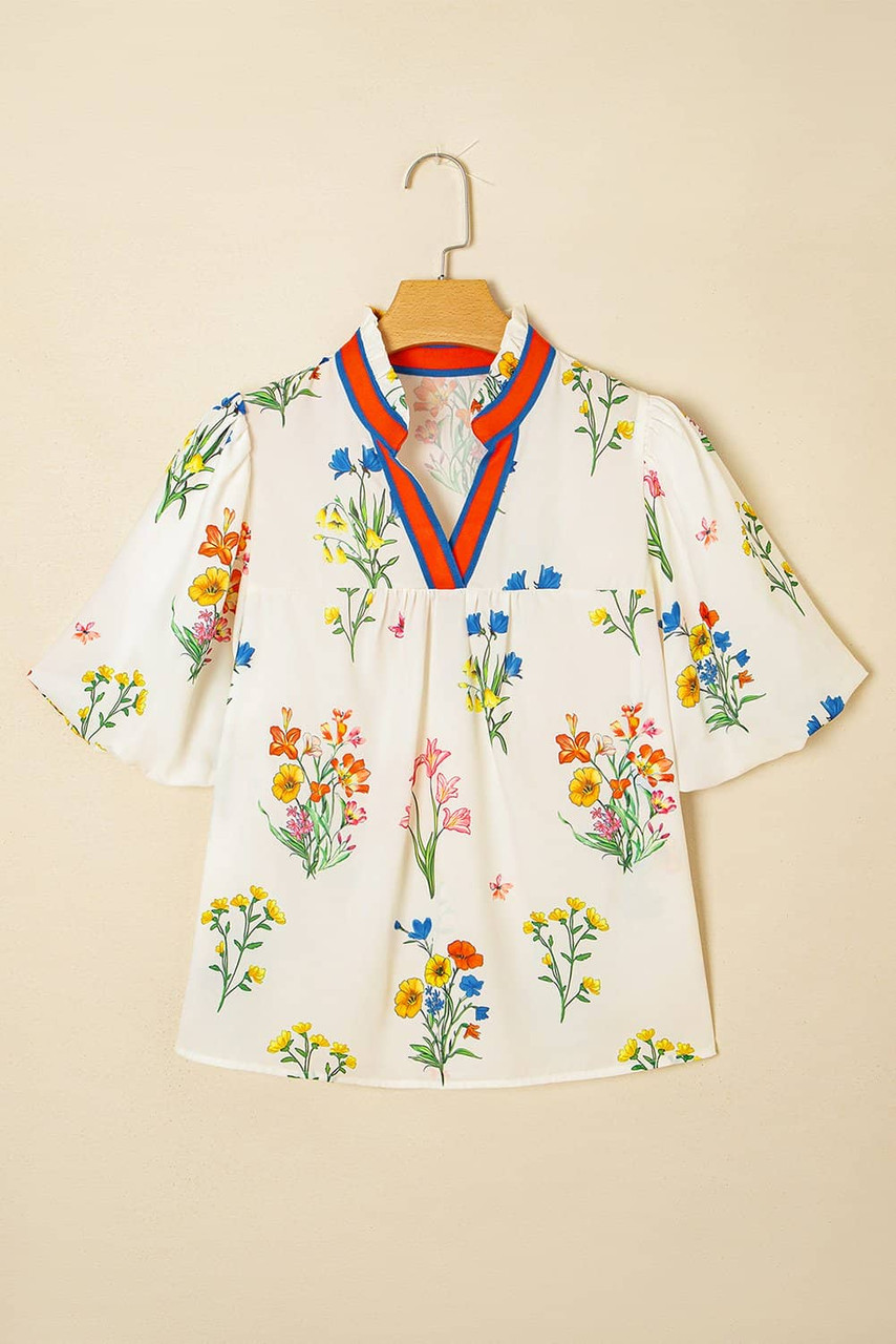 White Floral Short Puff Sleeve Contrast V Neck Print Blouse White Floral Short Puff Sleeve Contrast V Neck Print Blouse