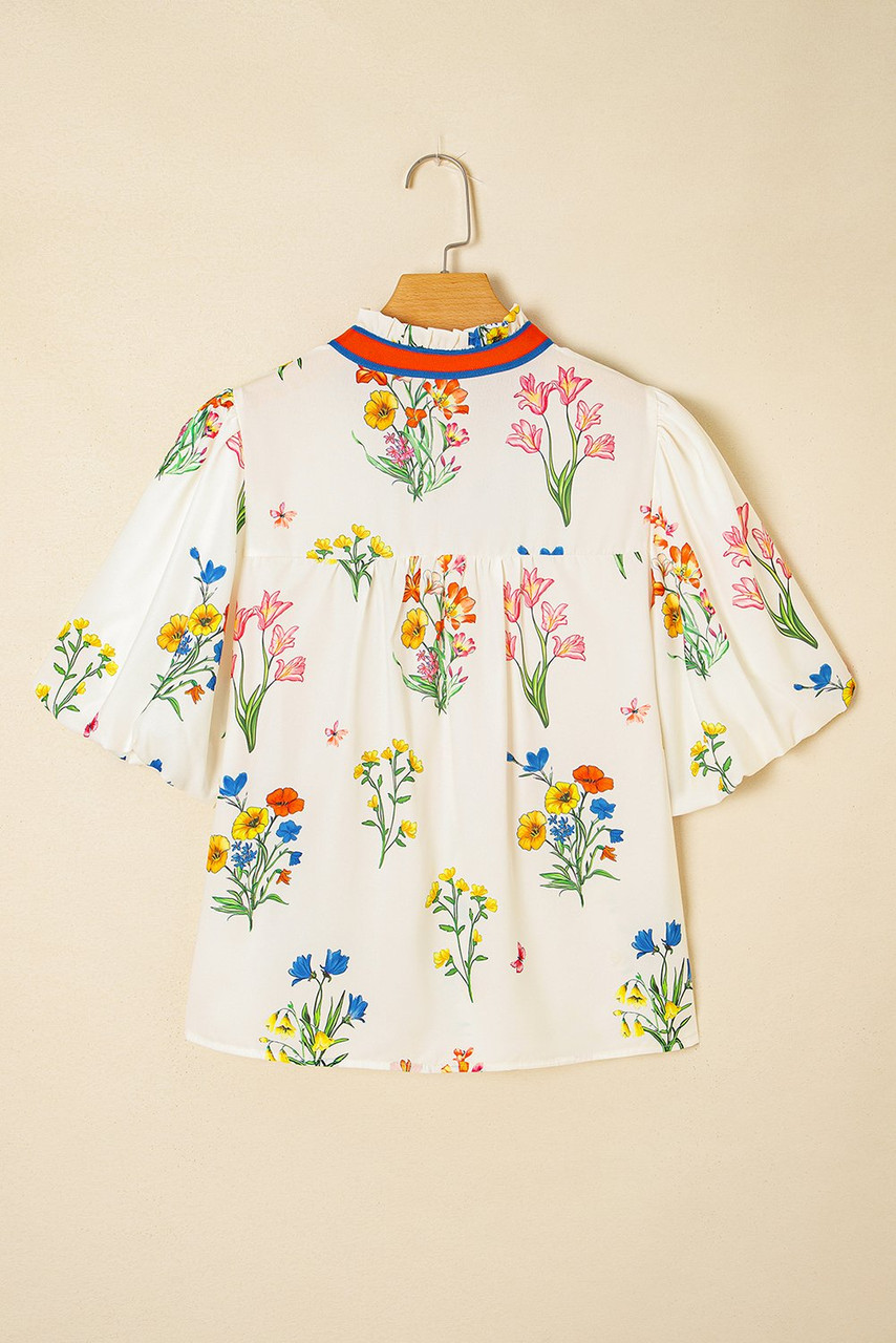 White Floral Short Puff Sleeve Contrast V Neck Print Blouse White Floral Short Puff Sleeve Contrast V Neck Print Blouse