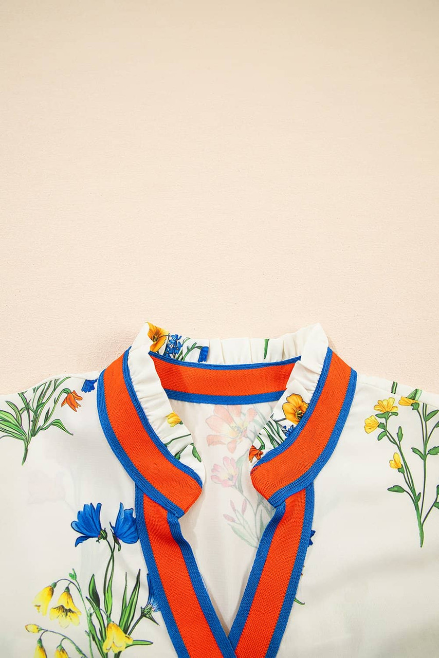 White Floral Short Puff Sleeve Contrast V Neck Print Blouse White Floral Short Puff Sleeve Contrast V Neck Print Blouse