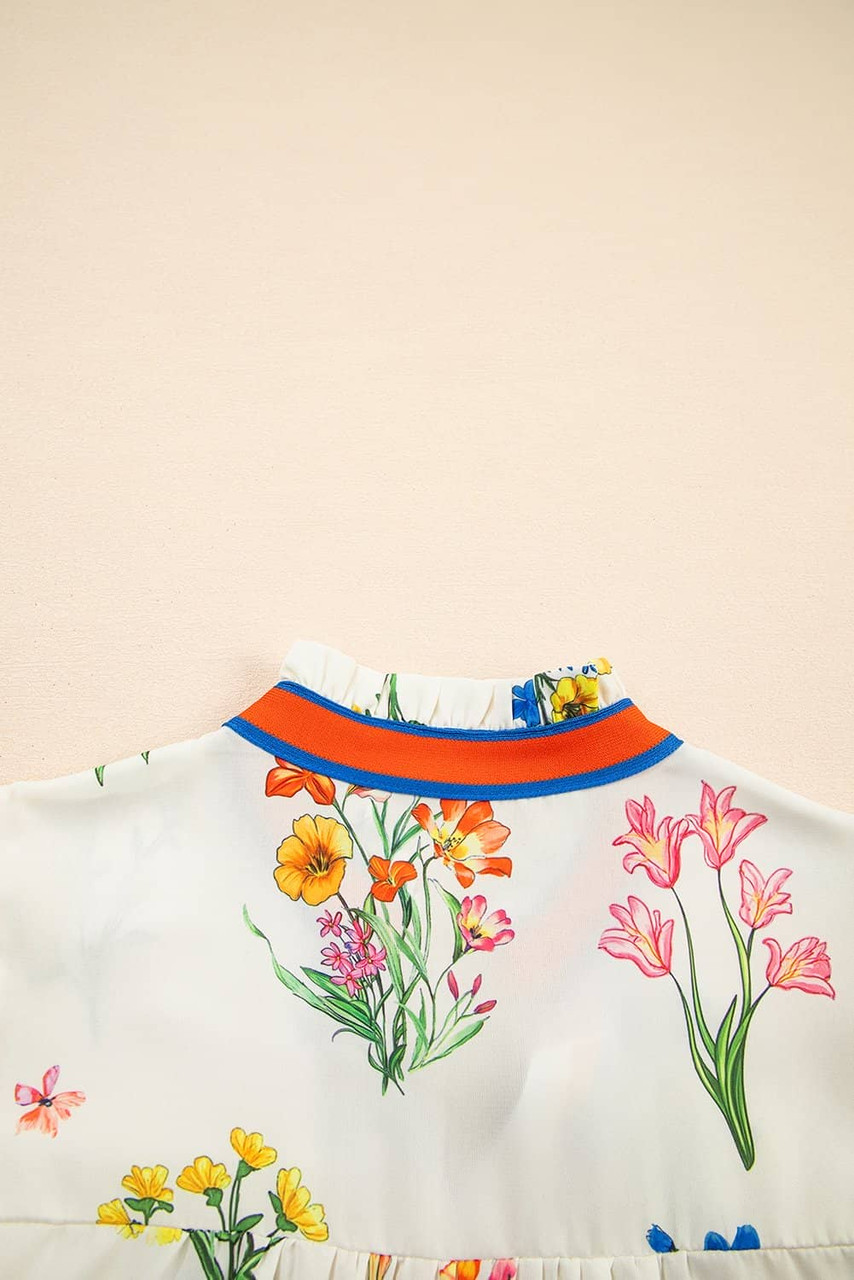 White Floral Short Puff Sleeve Contrast V Neck Print Blouse White Floral Short Puff Sleeve Contrast V Neck Print Blouse
