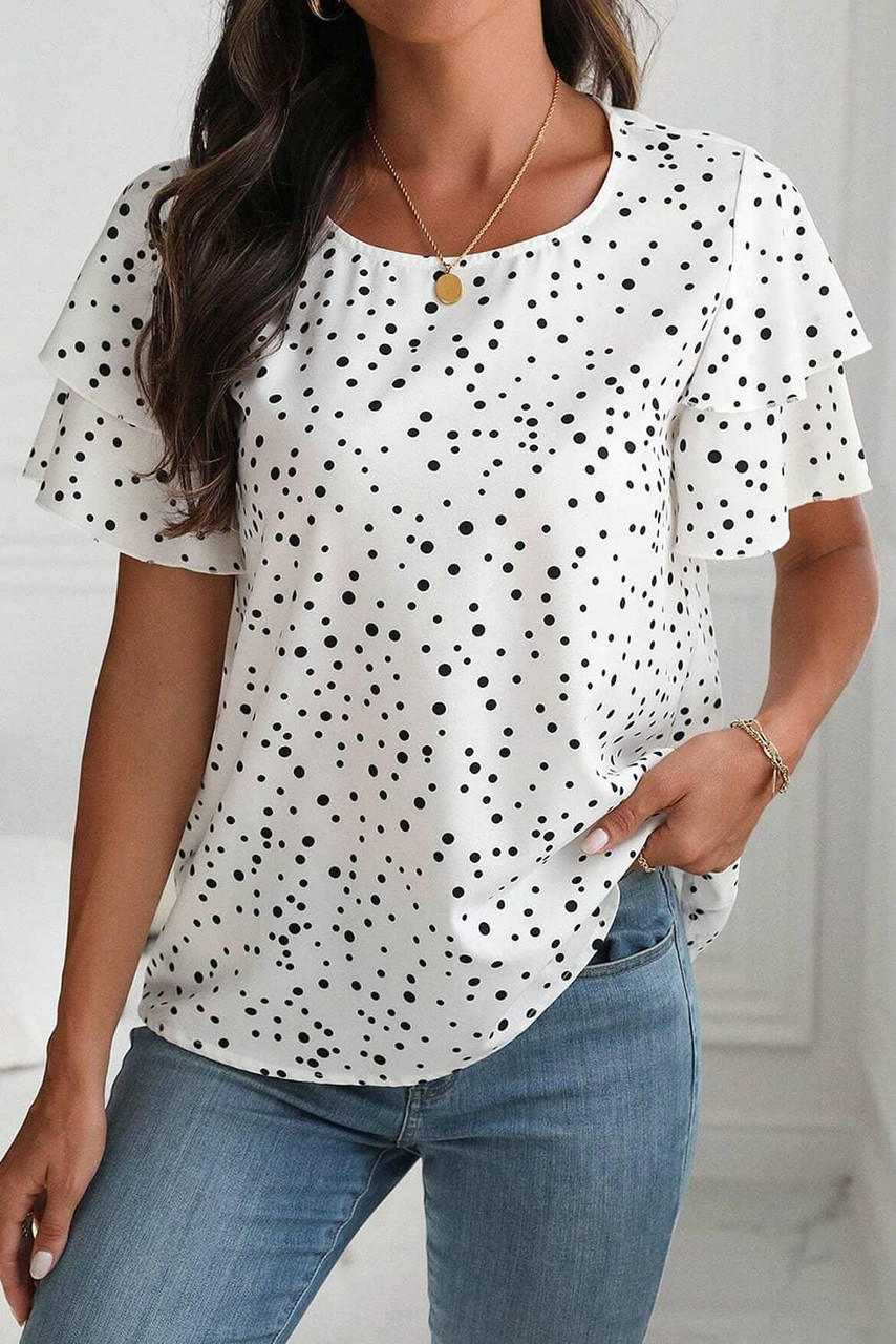 White Dalmatian Print Layered Ruffled Short Sleeve Blouse