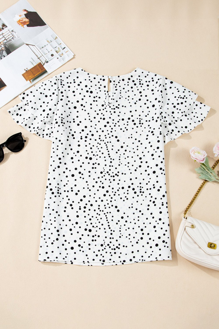 White Dalmatian Print Layered Ruffled Short Sleeve Blouse
