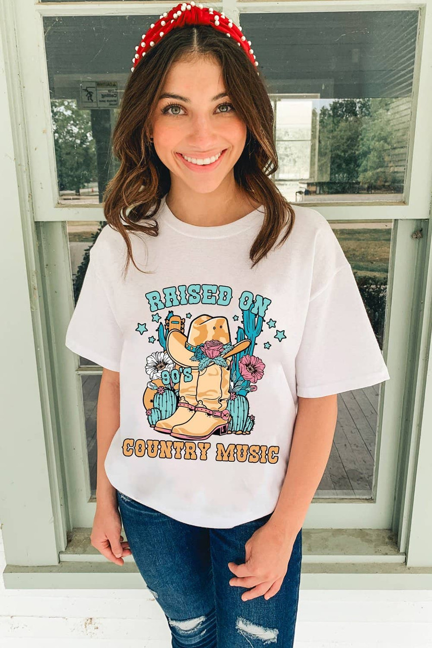 White RAISED ON COUNTRY MUSIC Western Graphic Tee