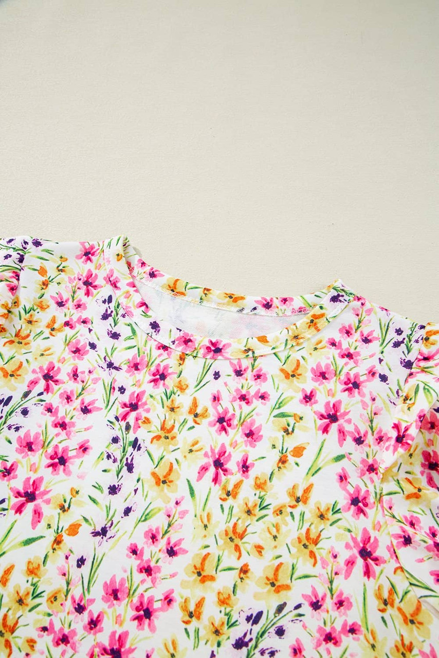 Pink Floral Puff Short Sleeve Crewneck Blouse