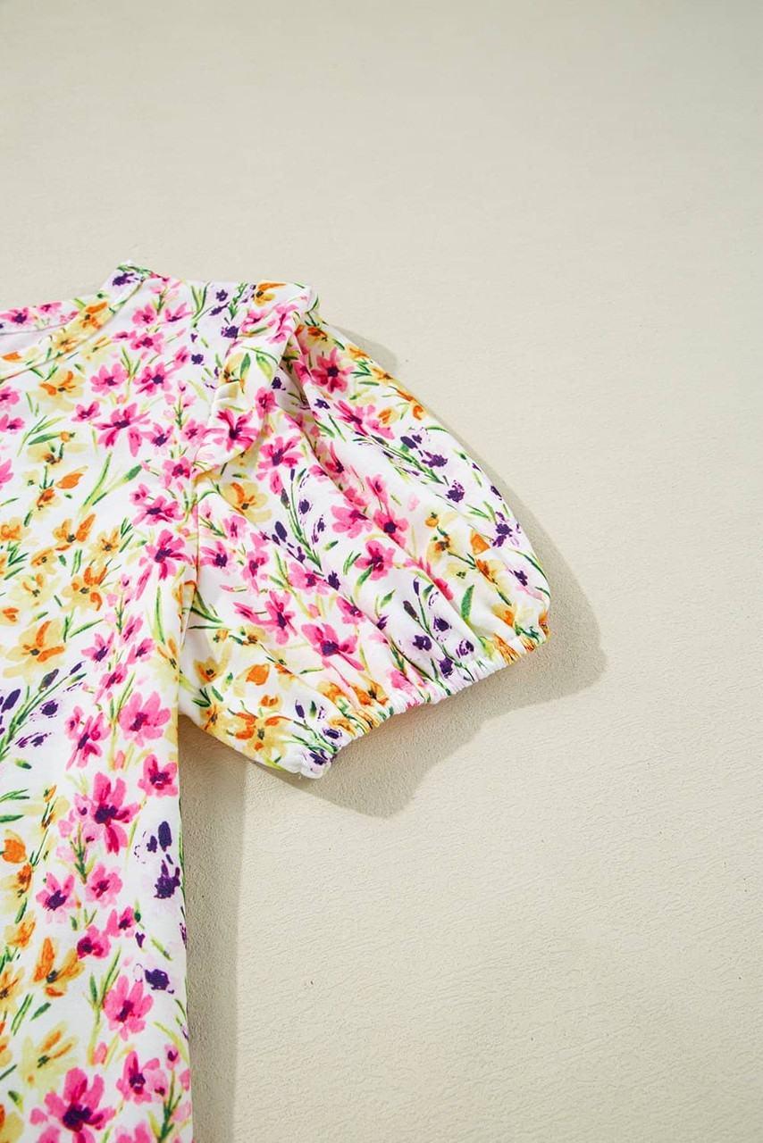 Pink Floral Puff Short Sleeve Crewneck Blouse