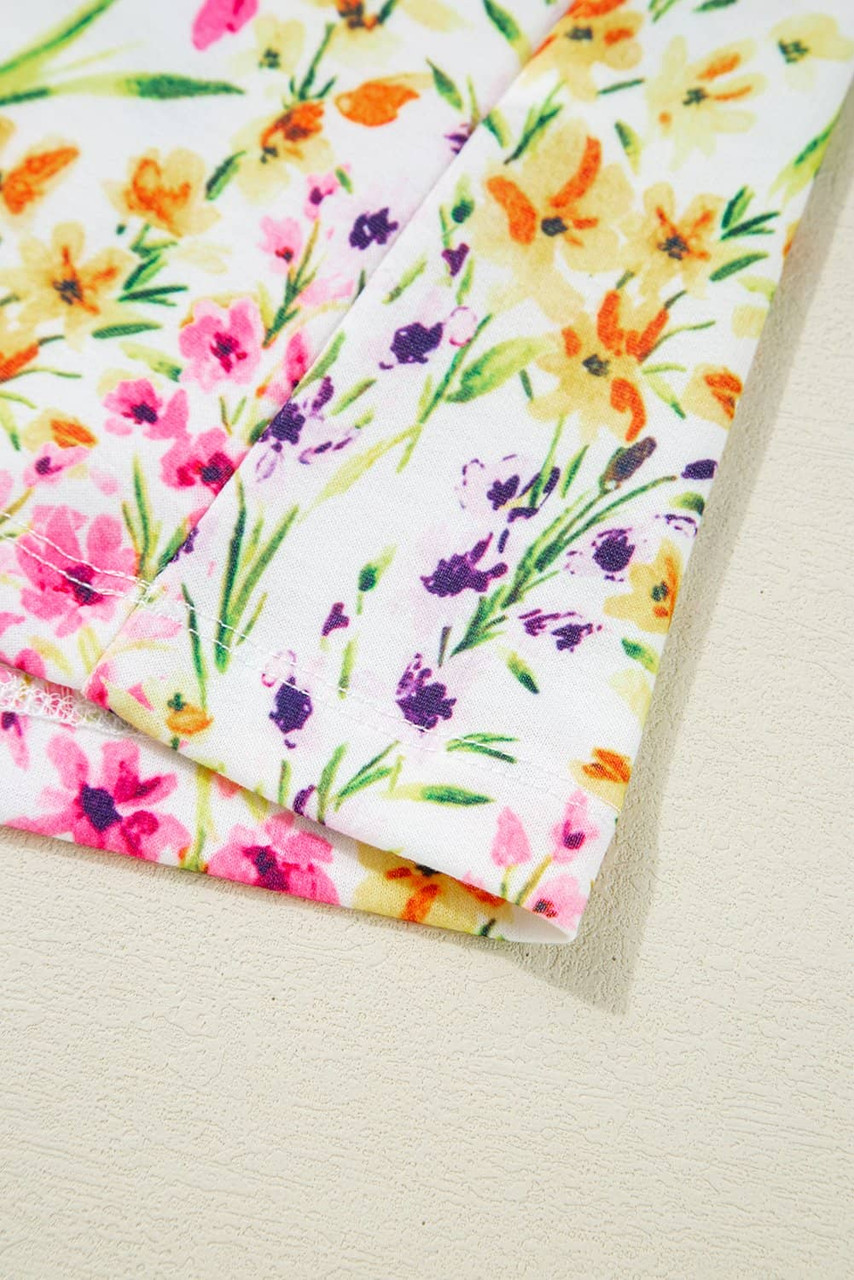 Pink Floral Puff Short Sleeve Crewneck Blouse