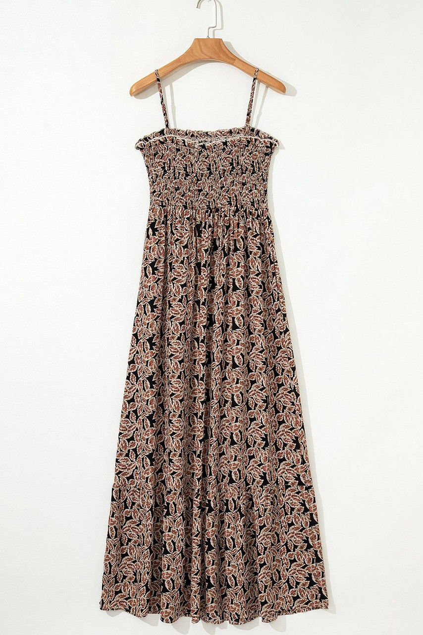 Brown Floral Smocked Bodice High Waist Flowy Sun Dress