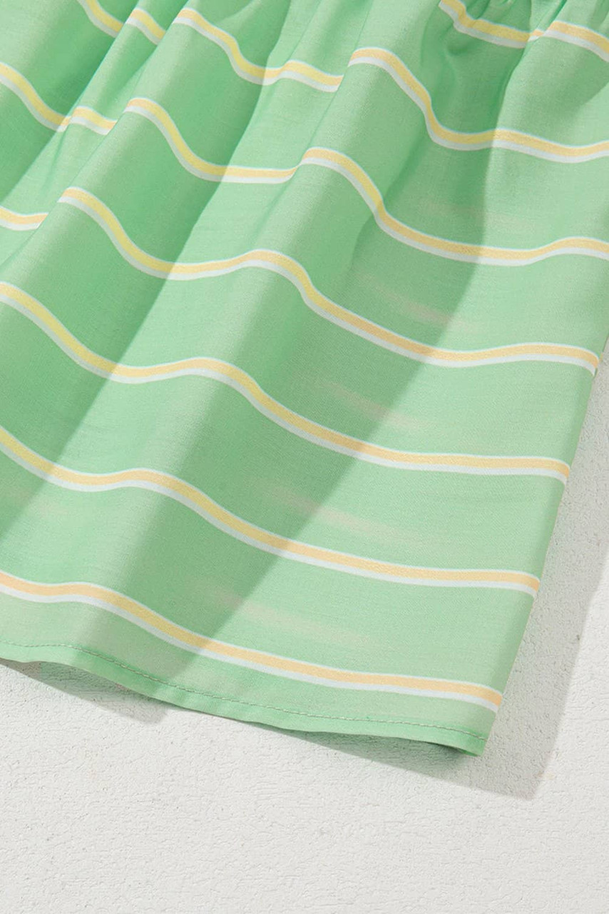 Green Stripe V Neck Short Sleeve Frilled Detail A-line Dress