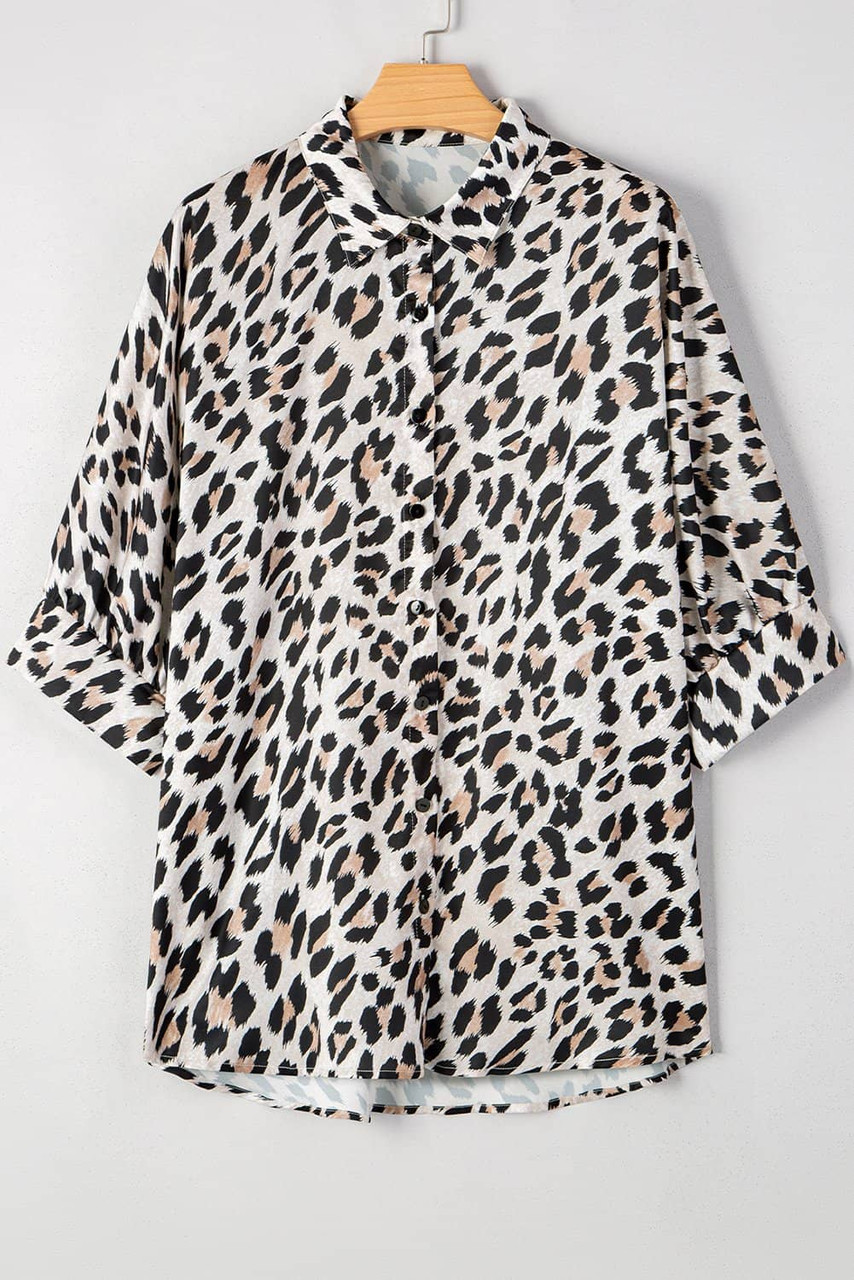 Beige Leopard Print Buttoned 3/4 Sleeve Loose Fit Shirt