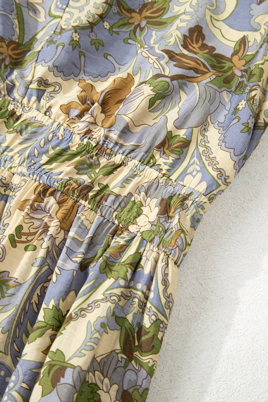 Multicolour Vintage Floral V Neck Short Puff Sleeve Long Dress