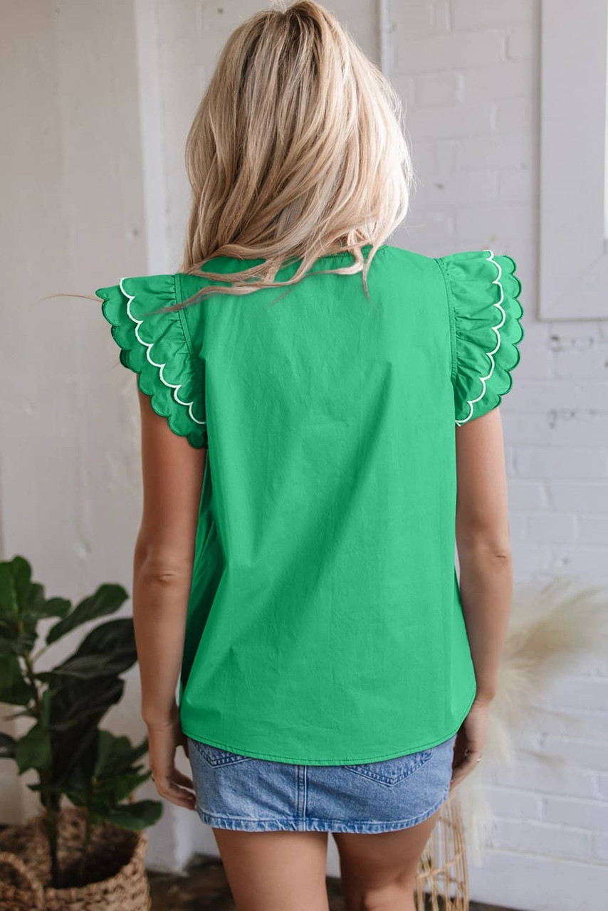 Bright Green Contrast Scallop Trim Layered Short Sleeve V Neck Blouse Bright Green Contrast Scallop Trim Layered Short Sleeve V Neck Blouse