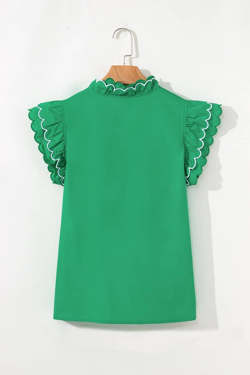 Bright Green Contrast Scallop Trim Layered Short Sleeve V Neck Blouse Bright Green Contrast Scallop Trim Layered Short Sleeve V Neck Blouse