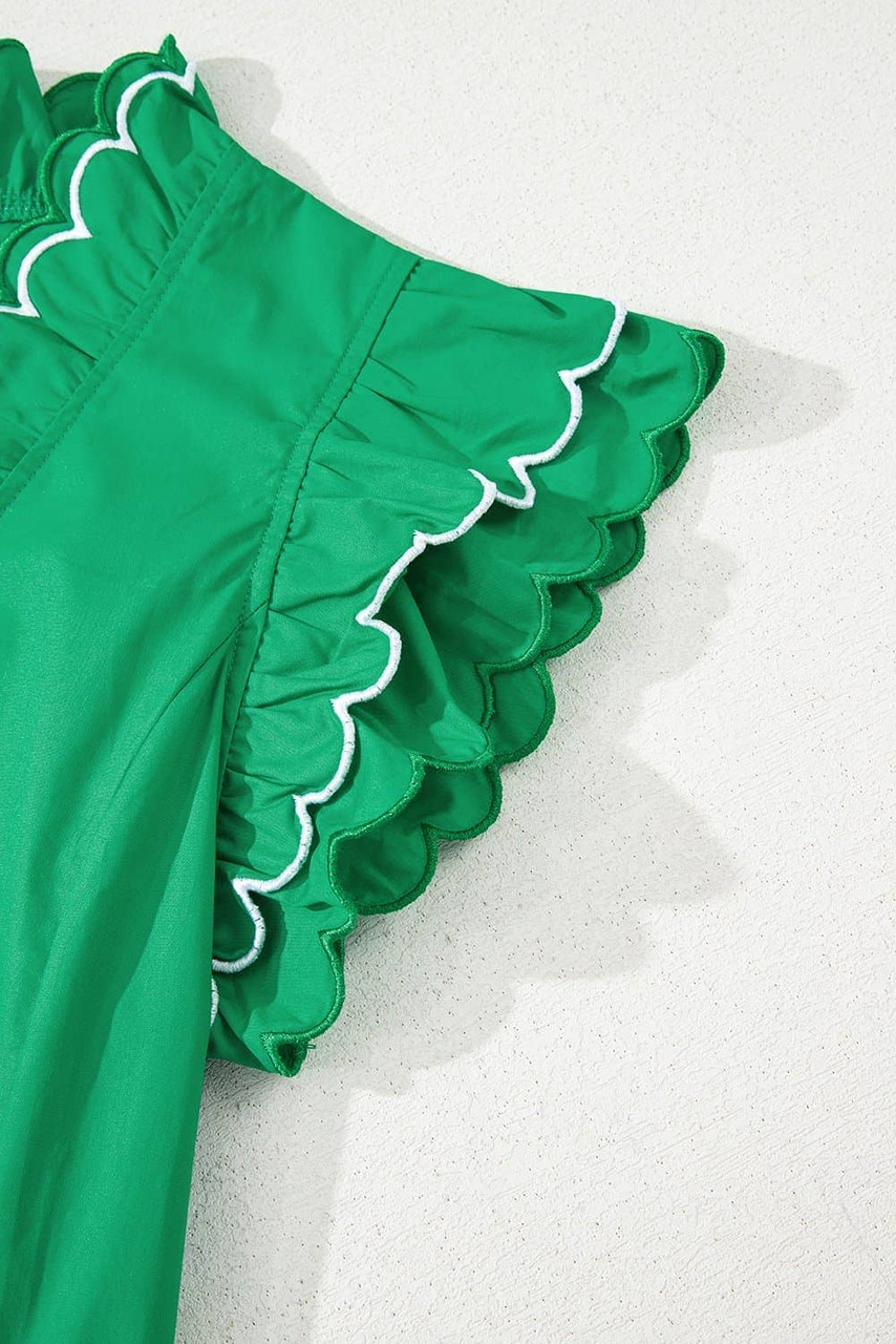 Bright Green Contrast Scallop Trim Layered Short Sleeve V Neck Blouse Bright Green Contrast Scallop Trim Layered Short Sleeve V Neck Blouse