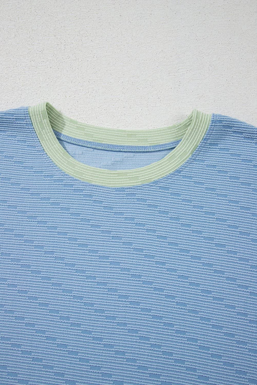 Beau Blue Corded Knit Contrast Trim Round Neck Cap Sleeve 2pcs Short Set