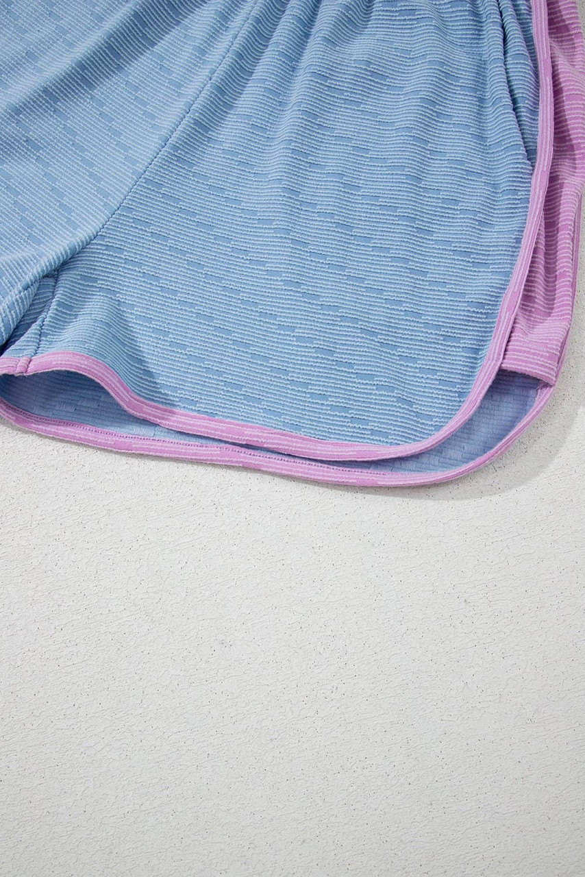 Beau Blue Corded Knit Contrast Trim Round Neck Cap Sleeve 2pcs Short Set