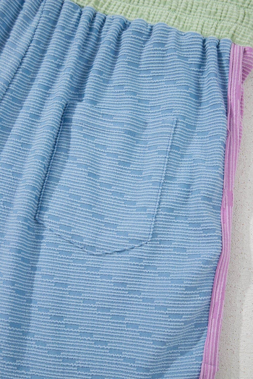 Beau Blue Corded Knit Contrast Trim Round Neck Cap Sleeve 2pcs Short Set