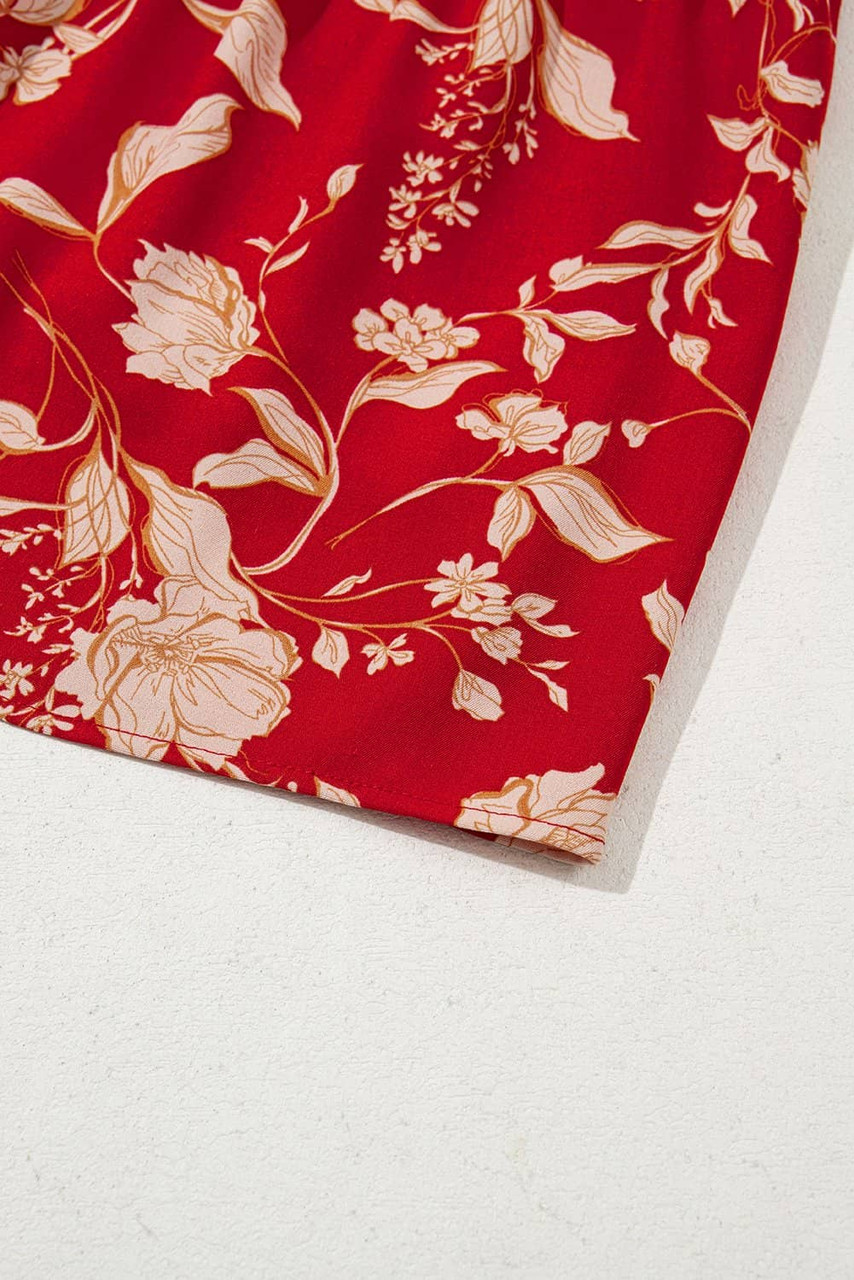 Red Floral Print Buttoned Front V Neck Tiered Short Sleeve Midi Dress