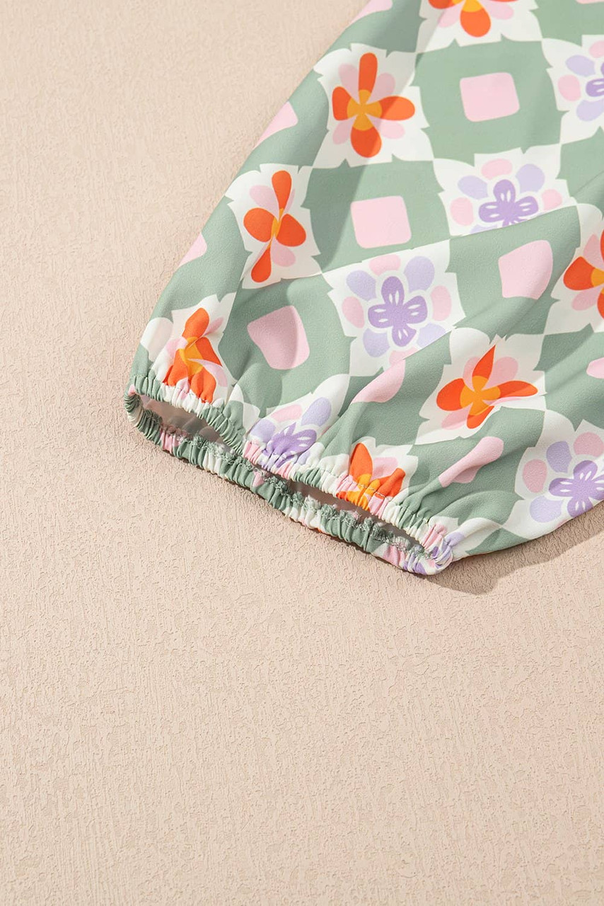 Green Geometric Floral Print 3/4 Sleeve Notched Neck Mini Dress Green Geometric Floral Print 3/4 Sleeve Notched Neck Mini Dress