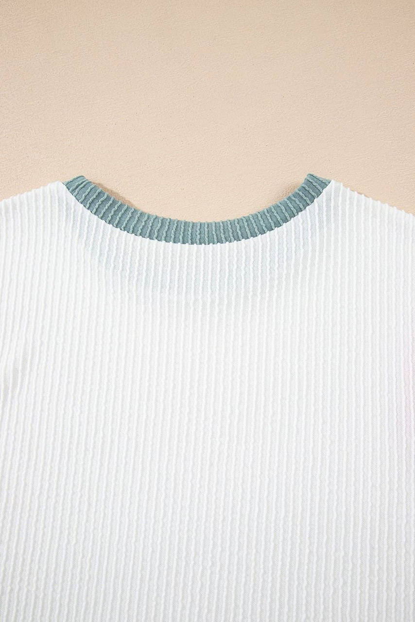 White Color Block Corded Knit Crew Neck Tee