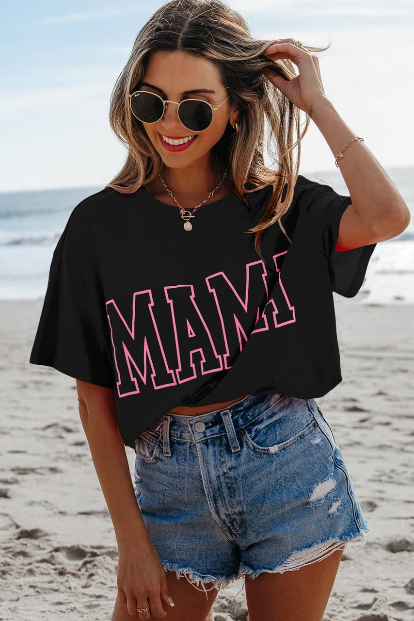 Black MAMA Letter Graphic Neon T Shirt