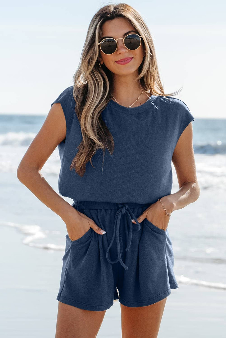 Ashleigh Blue Knit Open Back Cap Sleeve Drawstring Romper Ashleigh Blue Knit Open Back Cap Sleeve Drawstring Romper