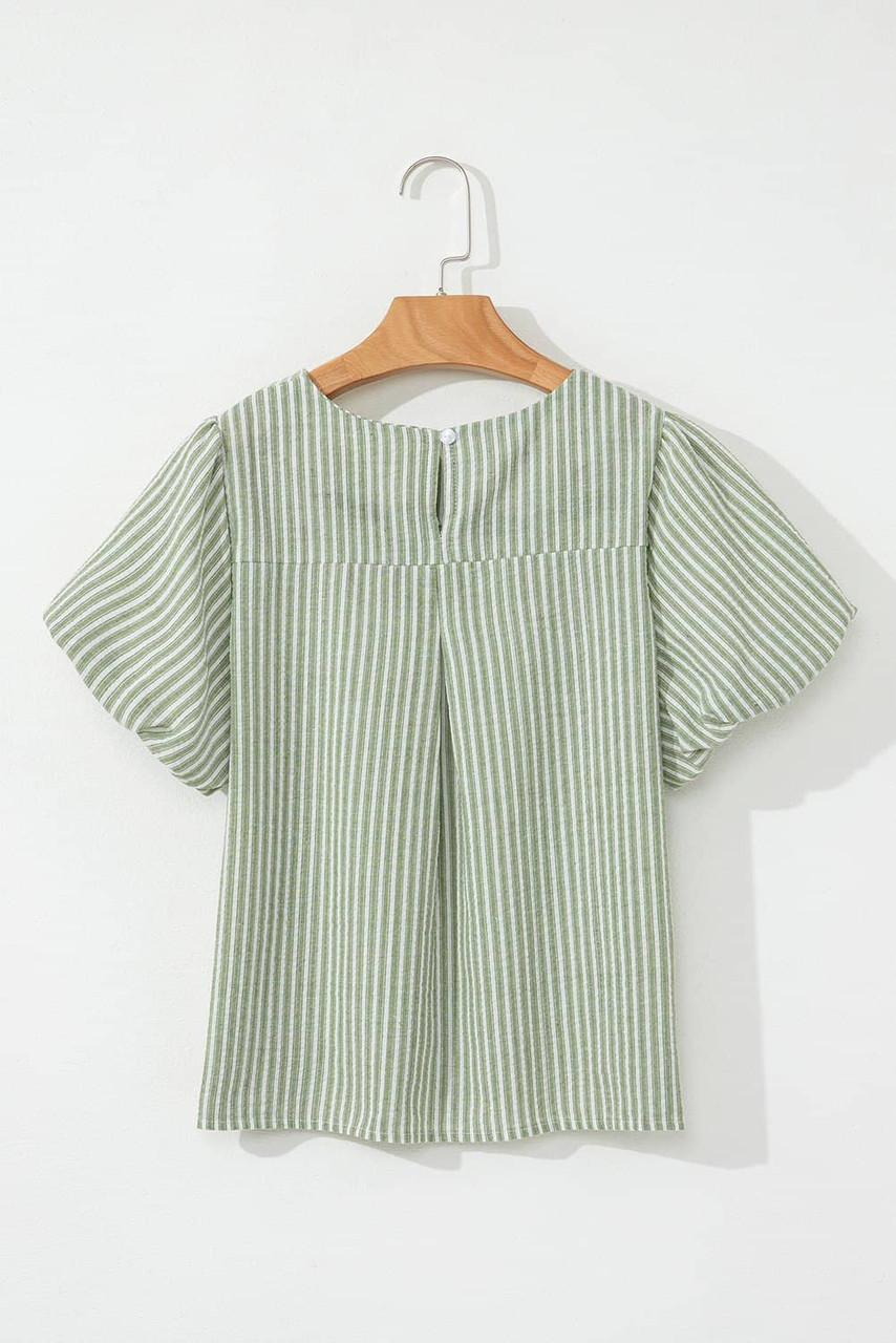 Green Stripe Textured Round Neck Short Puff Sleeve Blouse Green Stripe Textured Round Neck Short Puff Sleeve Blouse