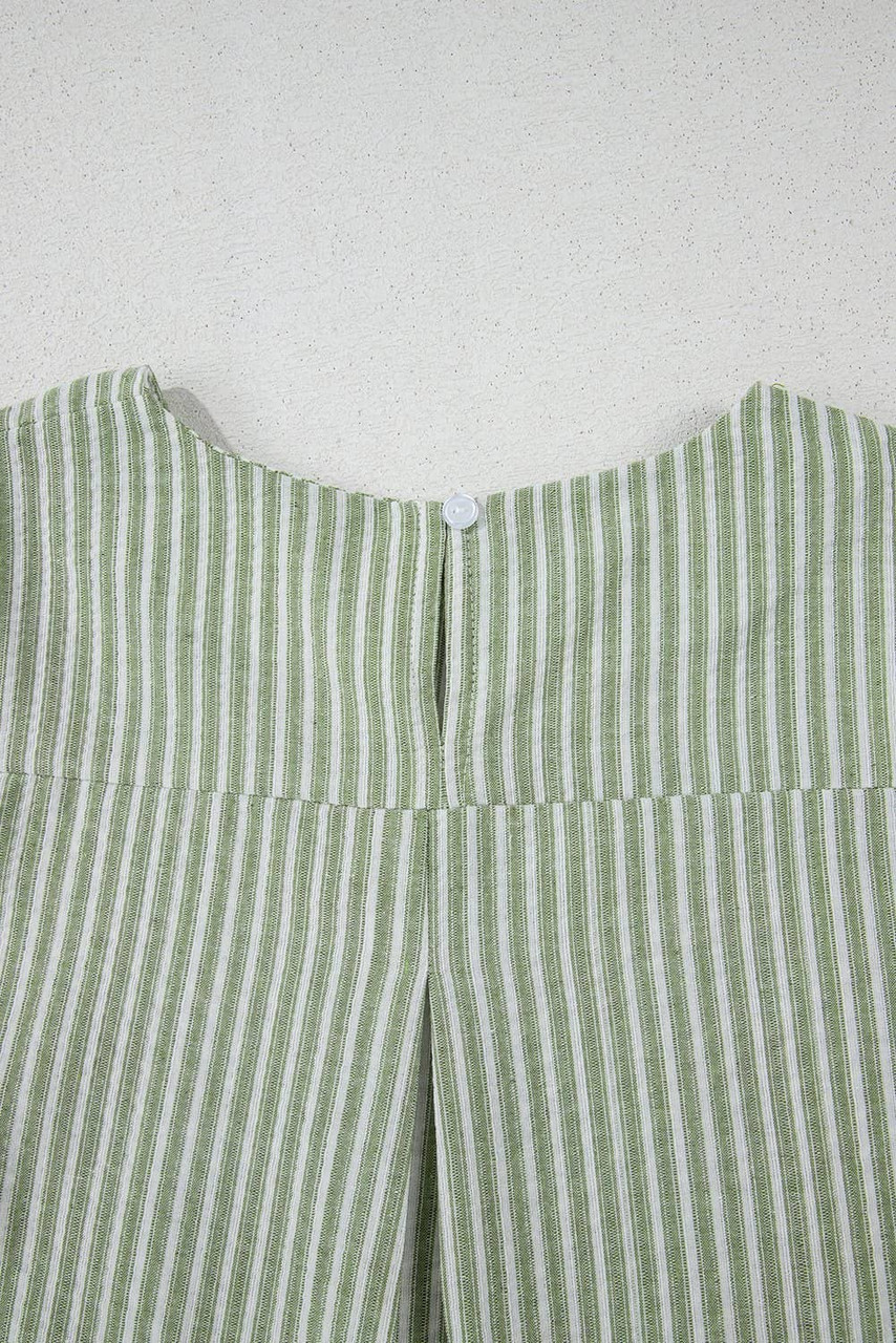 Green Stripe Textured Round Neck Short Puff Sleeve Blouse Green Stripe Textured Round Neck Short Puff Sleeve Blouse