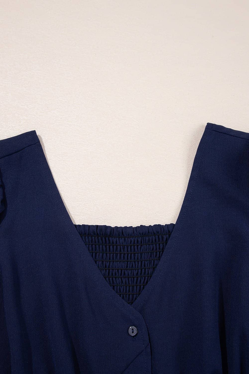 Navy Blue V Neck Buttoned Front Shirred Back Short Sleeve Midi Dress