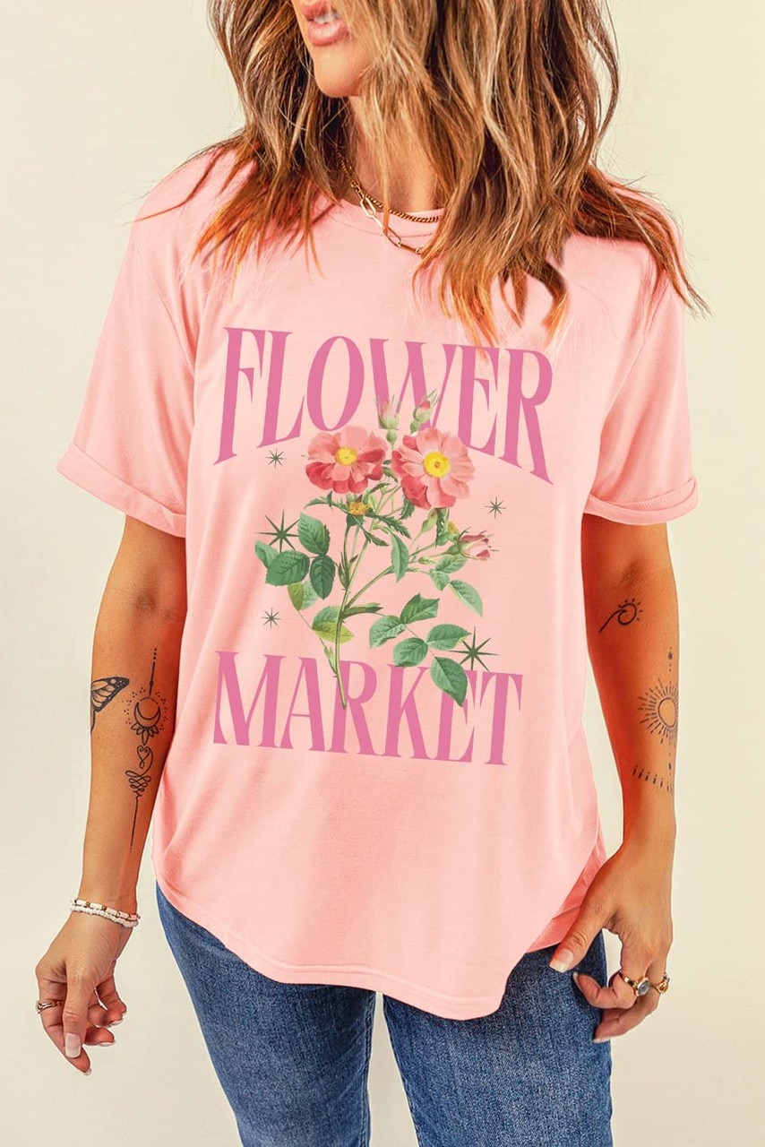 Pink FLOWER MARKET Graphic Crewneck T Shirt