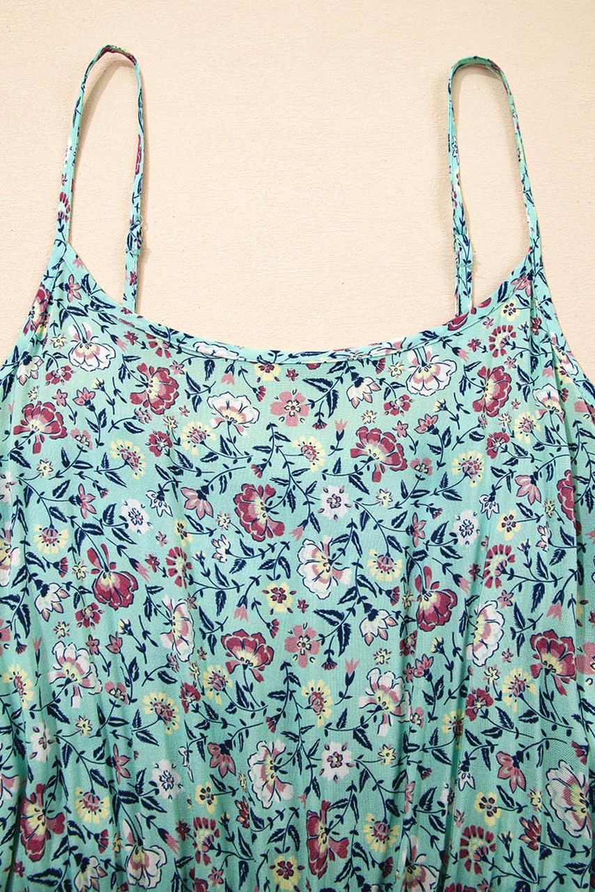 Green Bohemian Floral Ruffle Bottom Spaghetti Strap Jumpsuit