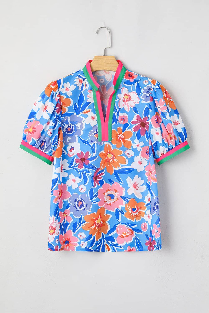 Sky Blue Floral Colorblock Edge Puff Sleeve Split Neck Blouse
