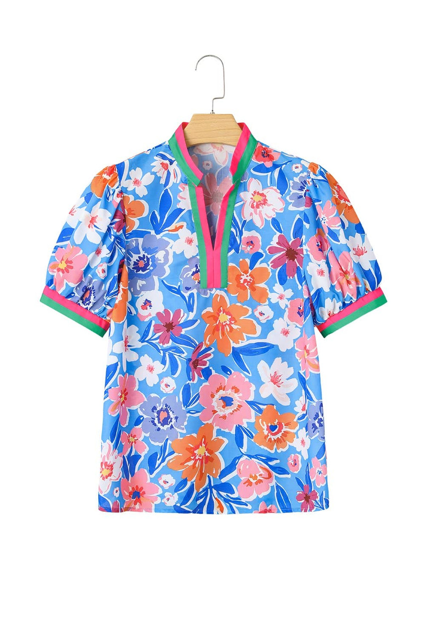 Sky Blue Floral Colorblock Edge Puff Sleeve Split Neck Blouse