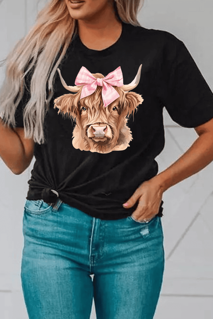 Black Bow Cow Head Graphic Western Fashion T Shirt