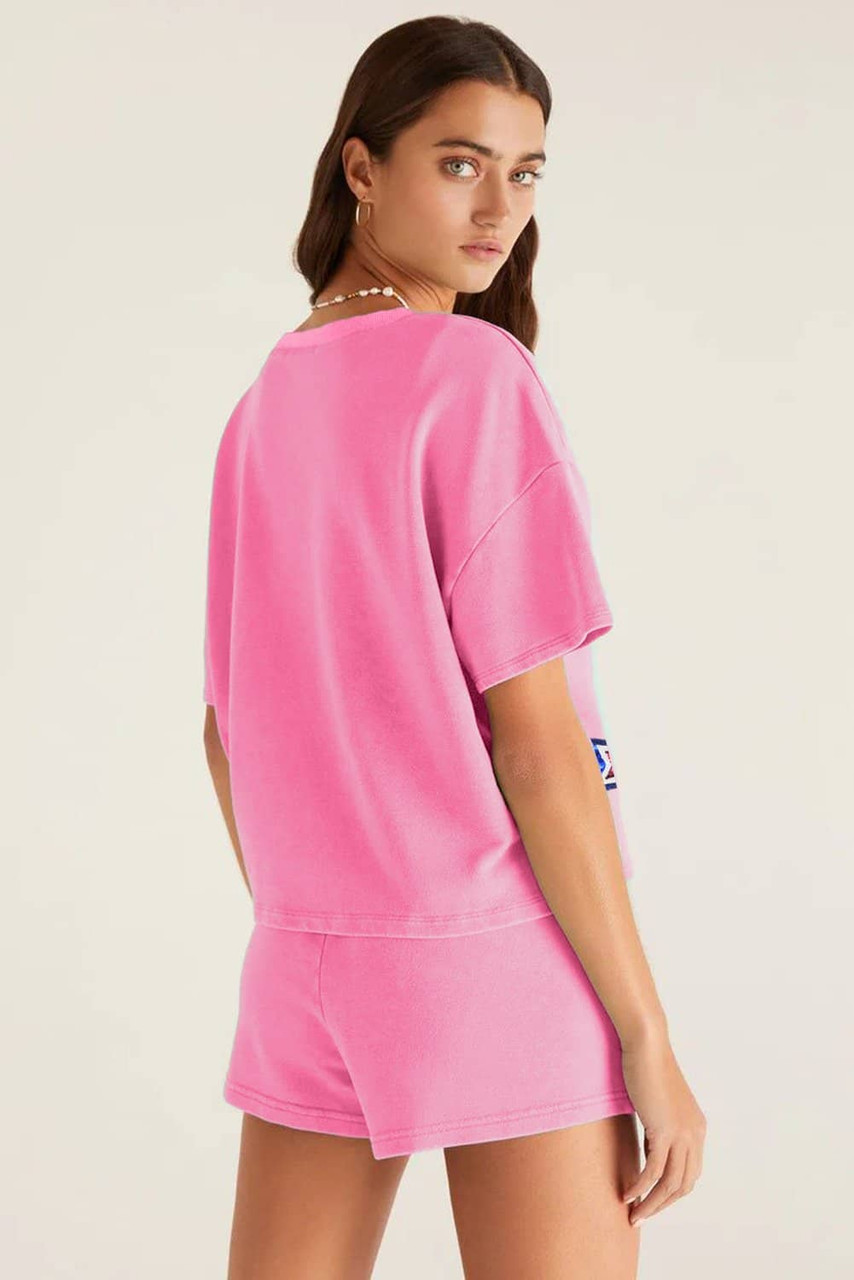 Bonbon Sequin American Flag Star Patch V Neck Tee and Short Set