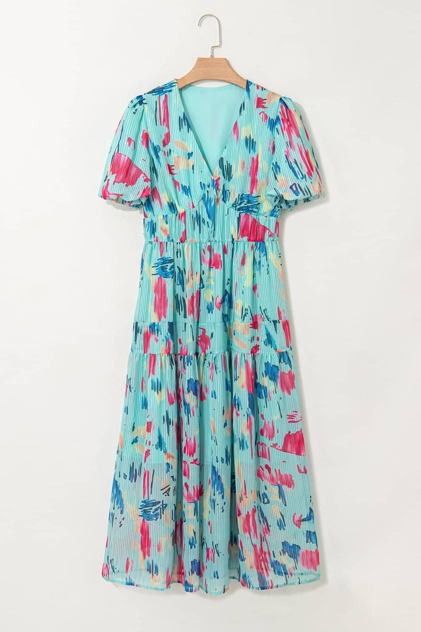 Sky Blue Abstract Print Short Puff Sleeve Tiered Maxi Dress