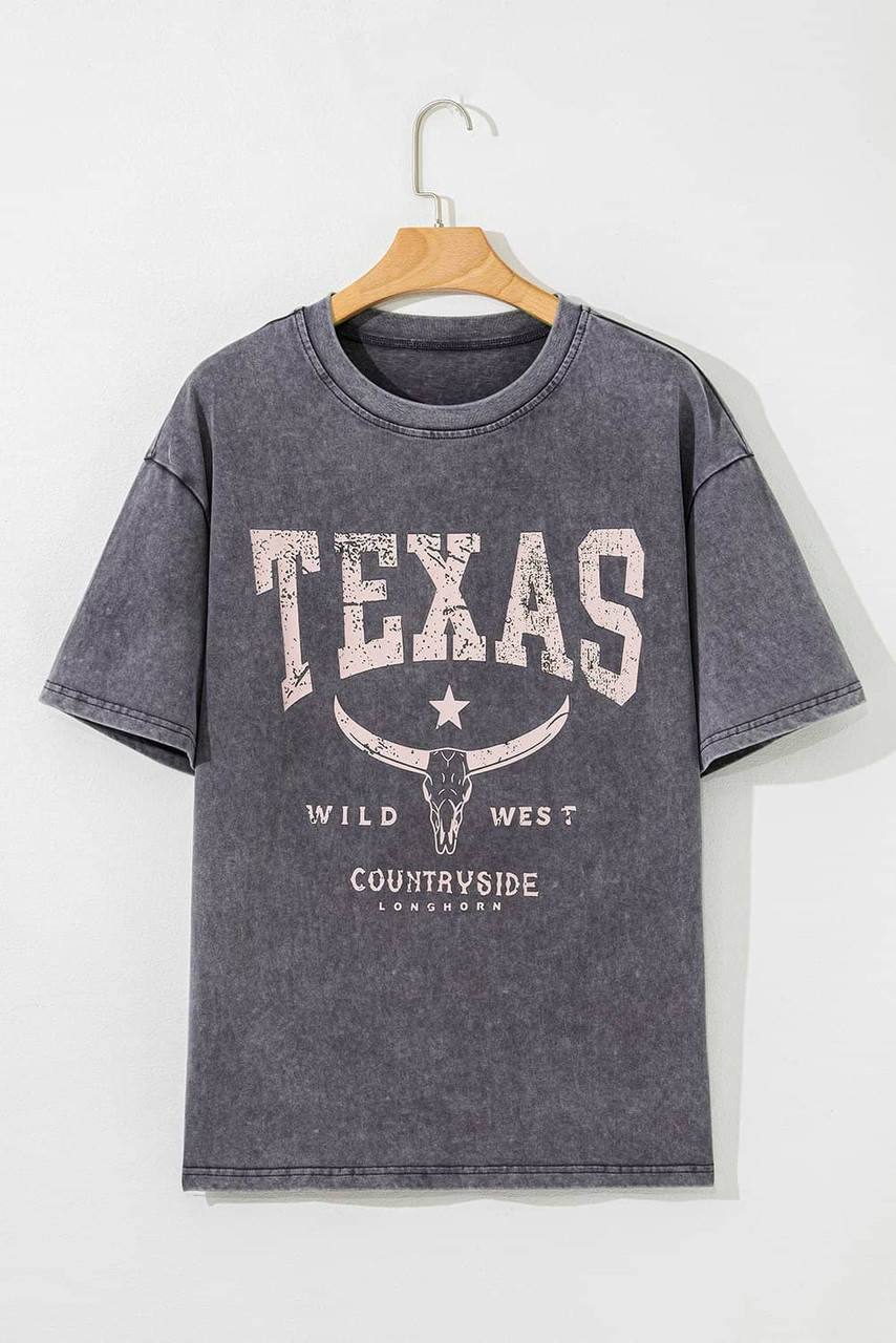 Medium Grey TEXAS Steer Head Graphic Mineral Wash Oversized T Shirt