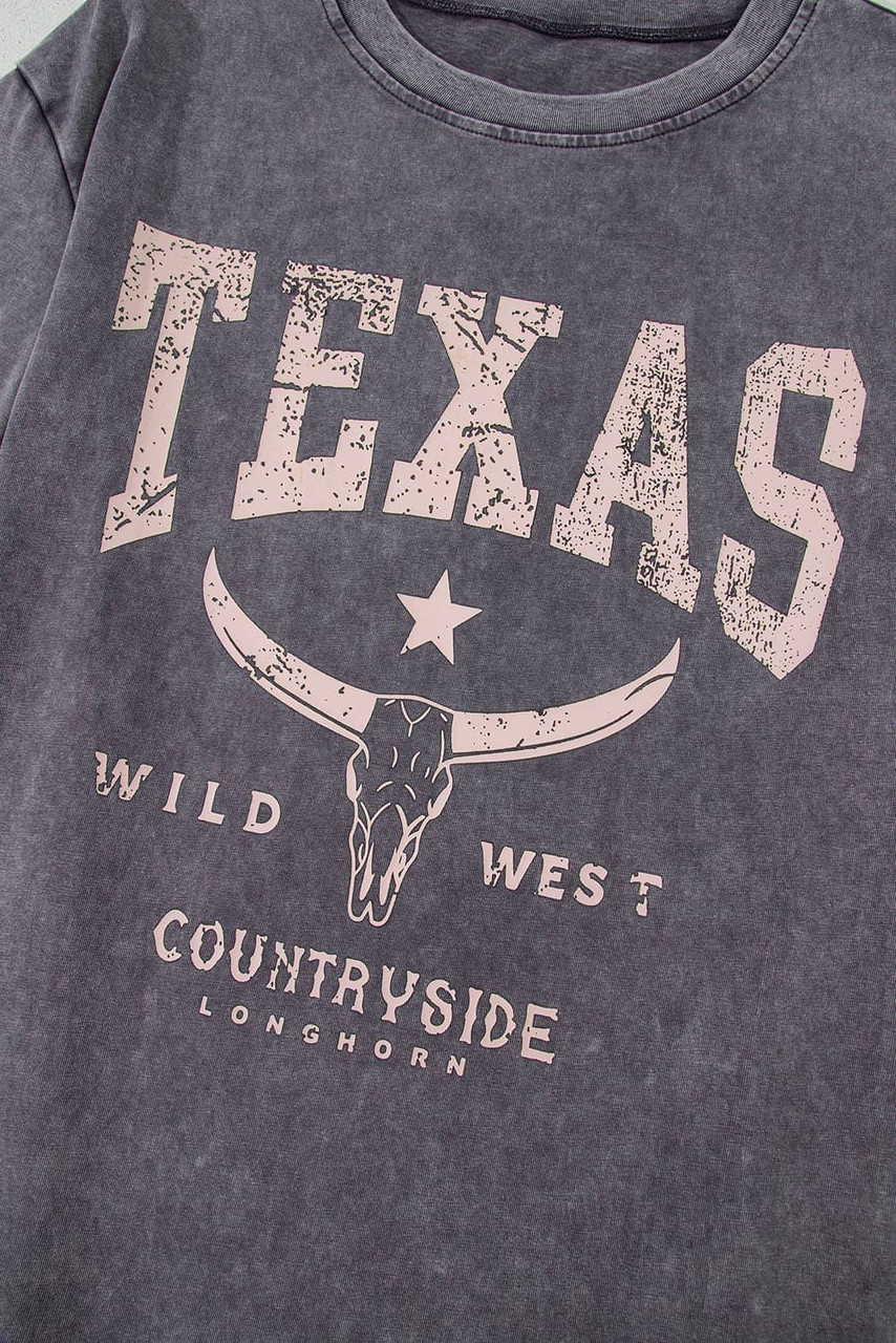 Medium Grey TEXAS Steer Head Graphic Mineral Wash Oversized T Shirt